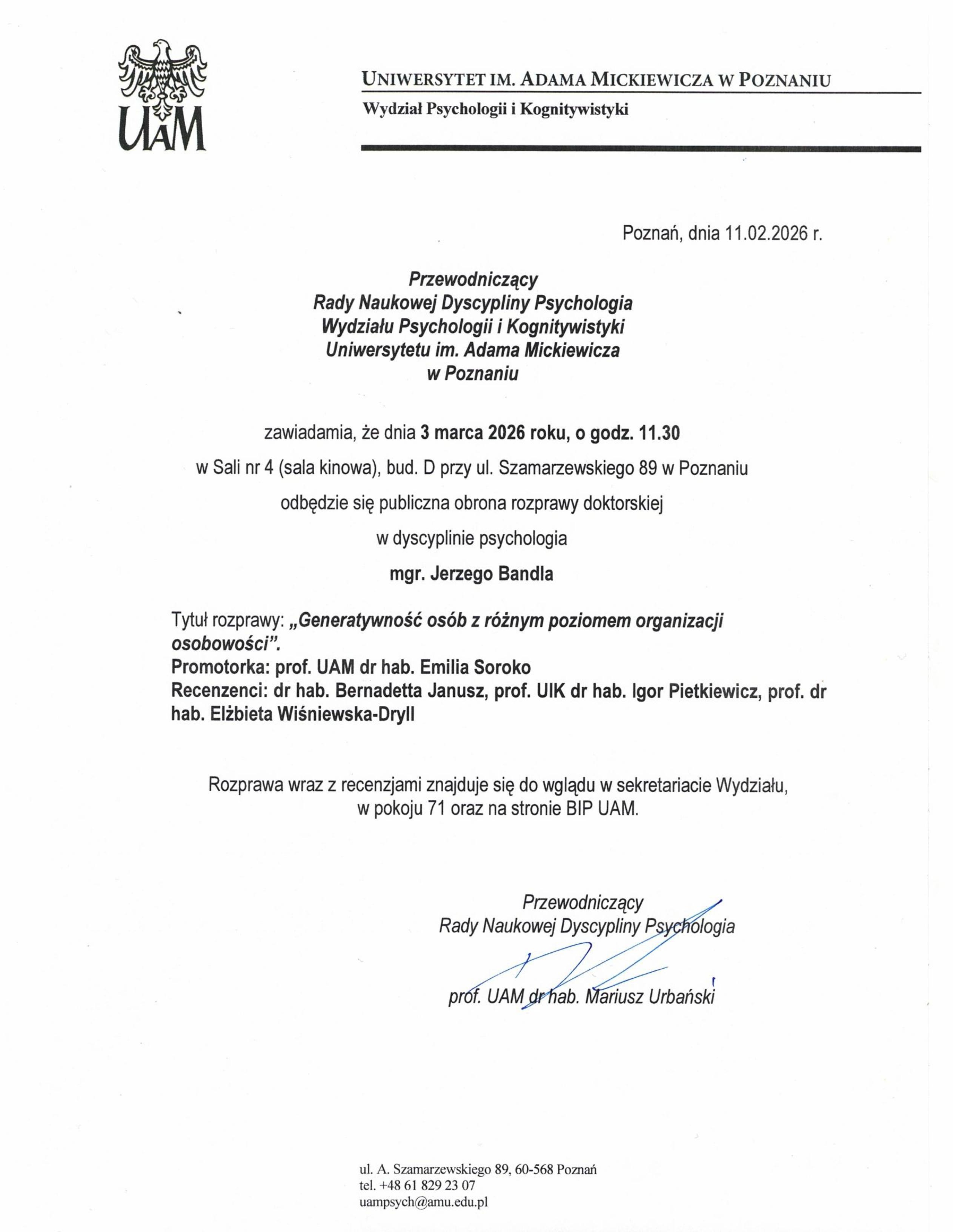 3 marca 2026r. godz 11:30, sala Kinowa. Szamarzewskiego 89, bud D.