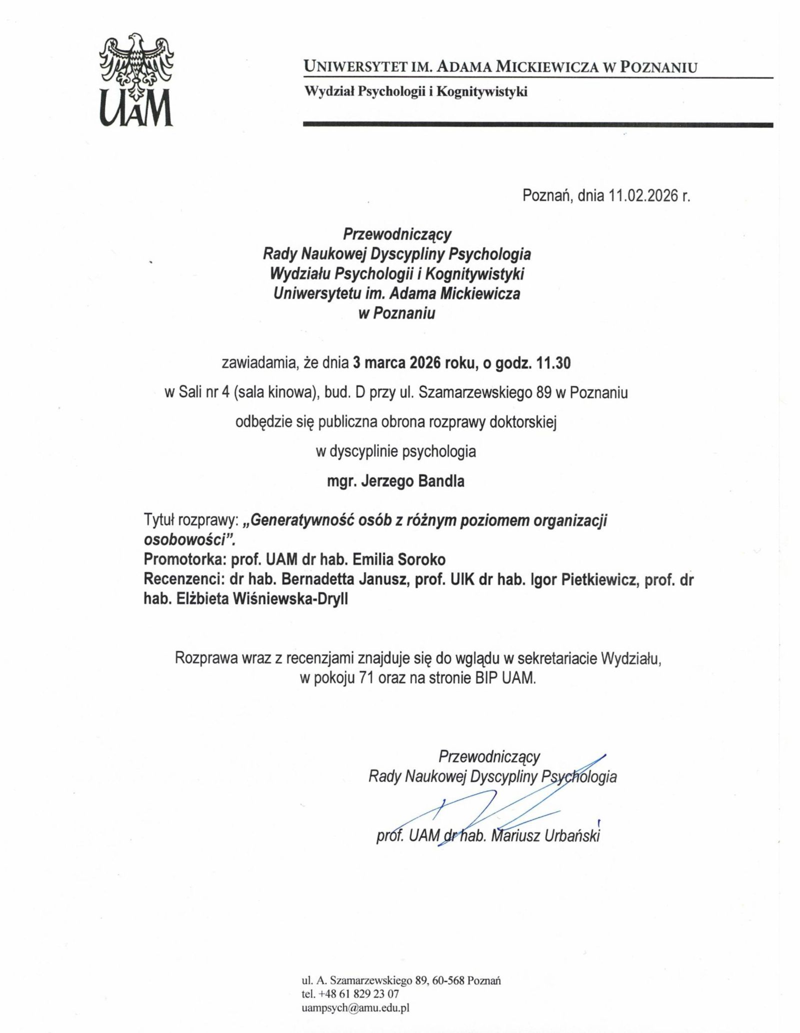 3 marca 2026r. godz 11:30, sala Kinowa. Szamarzewskiego 89, bud D.